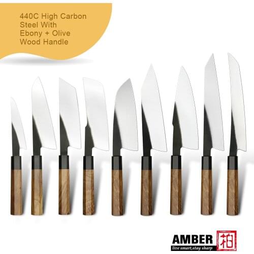 Amber 7 Inch Santoku Knife 440C Stainless Steel Kitchen Knives Set Professional Chef Knives With Natural Olive Wood Handle