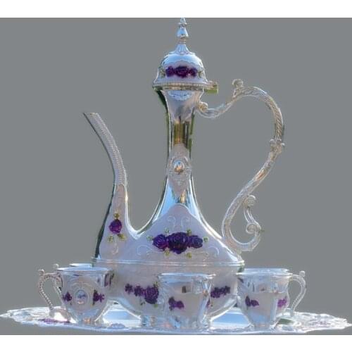 2016 New arrial 12" plate silver color with purple flower metal wine set/tea set fashion zinc alloy wine set