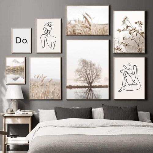 Autumn Wheat Tree River Abstract Line Girl Body Wall Art Nordic Posters And Prints Wall Canvas Pictures For Living Room Decor