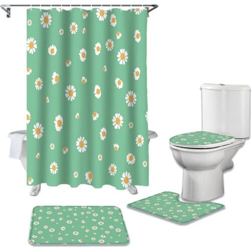 Fresh Daisy Flower Bathroom Set Durable Fabric Waterproof Shower Curtain Set Rug Carpet Toilet Lid Cover Bath Mat