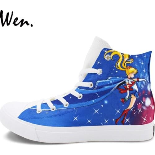 Wen Design Custom Girl Boys Birthday Gift Hand Painted Shoes Sailor Moon Anime High Top Blue Canvas Shoes Woman Laced Sneakers