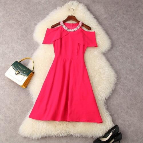 European and American womens wear for summer 2021 Nail bead Dew shoulder Fashion dress in solid color