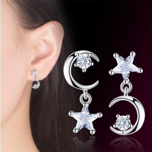 1 Pair Womens Creative Cute Moon And Star Inlaid AAA Zircon Asymmetric Ear Stud Earrings Fashion Jewelry E1111
