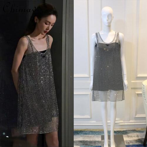 Diamond Knitted Camisole Dress Sleeveless Round Neck Short Dress Female Sequined Hollow Korean Dress Two Pieces Vest Dress