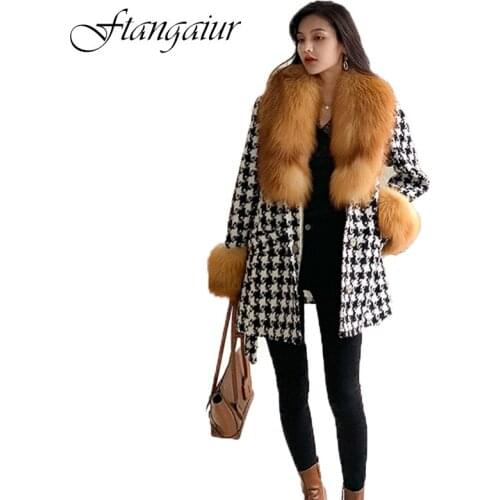 Ftangaiur 2021 Winter Import Red Fox Coat Women Plaid Sashes Female Coats Medium Turn-Down Collar Losse Slim Natural Fur Coats