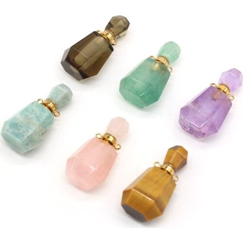 1pcs Natural Stone Smoky Quartzs Tiger Eye Green Aventurine Perfume Bottle Pendant Essential Oil Diffuser for Women Size 20x38mm