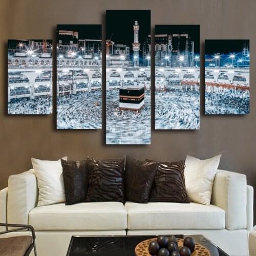 5 Panels HD Print Islam Mecca Round Ornament View Mosque Night Landscape Poster Religious Wall Modular Painting for Living Room