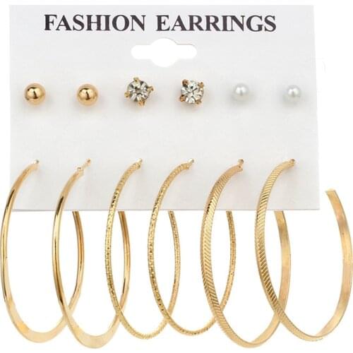 6 Pairs/set Earring Set European Simple Punk Crystal Pearl Small Ball Big Circle Round Hoop Earrings for Women Jewelry