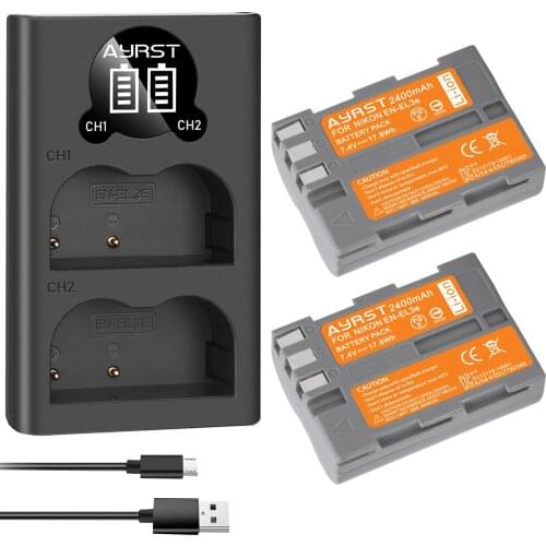2Pcs 2400mAh EN-EL3e EN EL3e ENEL3e EL3E Batteries and Charger For Nikon D30 D50 D70 D70S D90 D80 D100 D200 D300 D300S Battery