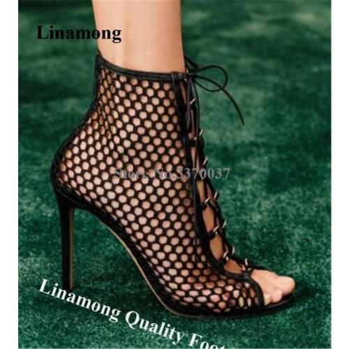 Women Elegant Fashion Peep Toe Mesh Stiletto Heel Short Gladiator Boots Lace-up Black Nude Cut-out High Heel Ankle Booties Heels