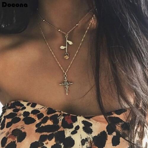 Docona Punk Geometric Cross Flower Pendant Necklace for Women Gril Gold Chain Long Necklace Jewelery Gift Bijoux femme 9502