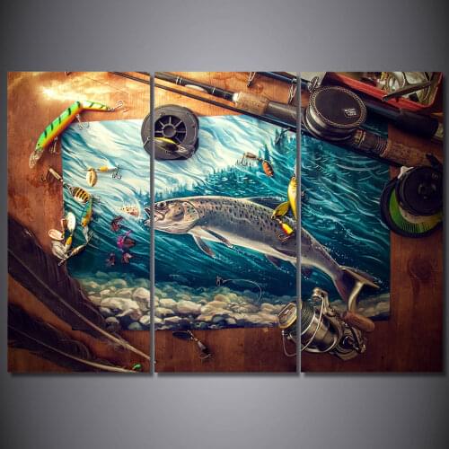 Home Decor HD Prints Canvas Wall Art Pictures 3 Pieces Fishing Rod Tuna Blue Ocean Paintings Living Room Fish Posters Framework