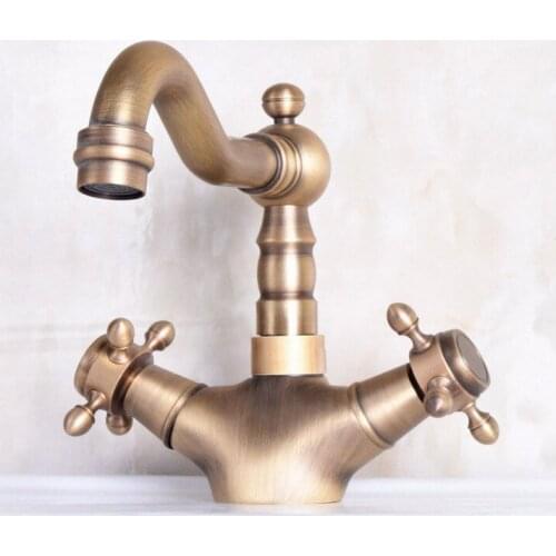 Two Cross Handles Antique Brass Single Hole Swivel Spout Kitchen Sink Bathroom Vessel Basin Faucet Mixer Tap anf245