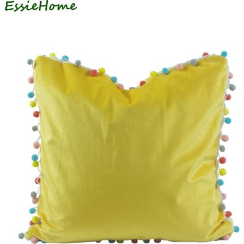 ESSIE HOME Cushion Cover Pillow Case Yellow Bright Yellow Cute Soft Velvet Pom Pom TrimTassel Lovely Childrens Room Decor