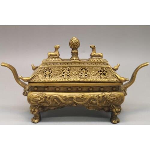 China brass double dragon Incense burner crafts statue