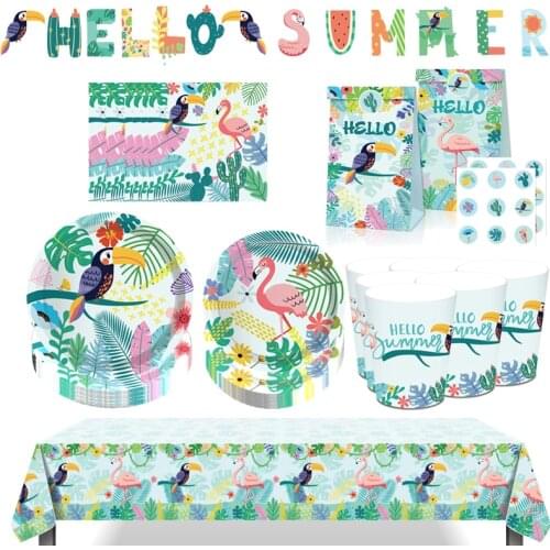 Summer Tropical Party Cute Flamingo And Toucan Green Paper Disposable Tableware Hawaiian Party Decoration Luau Parties Palm Leaf