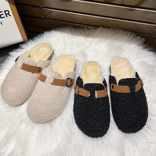 Korean Hot Selling Womens Slippers 2021 Winter Leisure Belt Shoes Baotou Plus Velvet Cotton Slippers Lamb Warm Non-slip Slipper