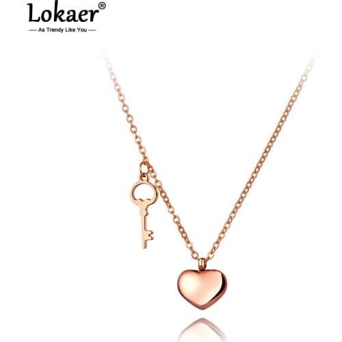 Lokaer Trendy Stainless Steel Love Heart & Key Pendant Necklaces Rose Gold Chain & Link Chokers Necklace For Women Girls N20058