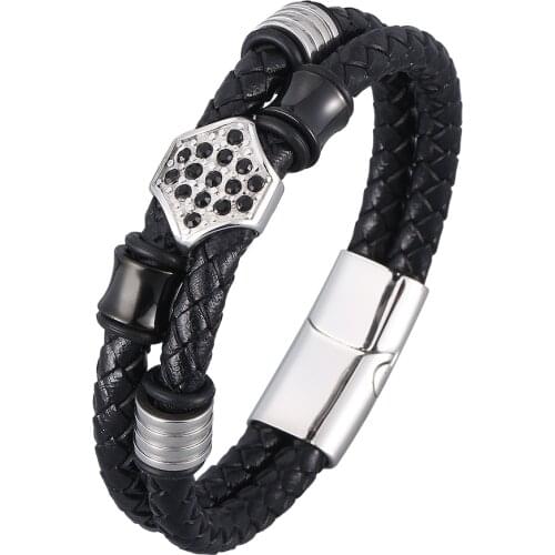 2020 Fashion Stainless Steel Charm Magnetic Black Men Bracelet Leather Genuine Braided Punk Bangles Jewelry Accessories BB0939
