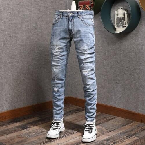 Italian Style Fashion Men Jeans Retro Light Blue Elastic Cotton Ripped Jeans Men Patchwork Vintage Designer Slim Fit Denim Pants