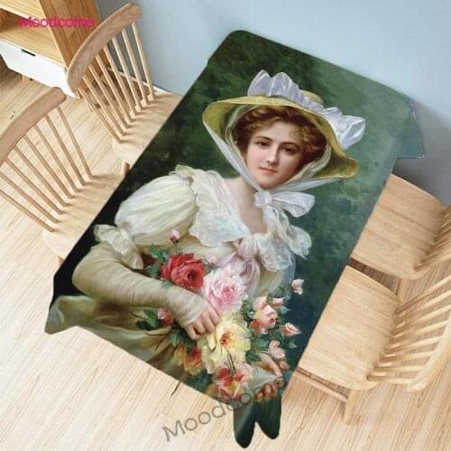 French Academic Artist Emile Vernon Elegant Lady Woman Rose Flowers Wall Tapestry Home Decor Waterproof Table Cloth Desk Cover