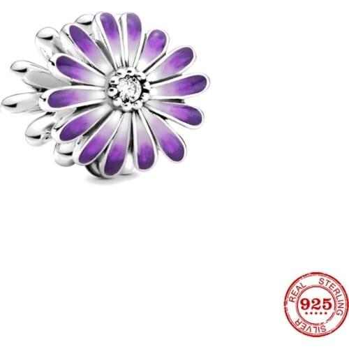 New Original Silver Color Purple Daisy Diy Bead Fit European Charms Bracelet Bangles Diy Jewelry P340
