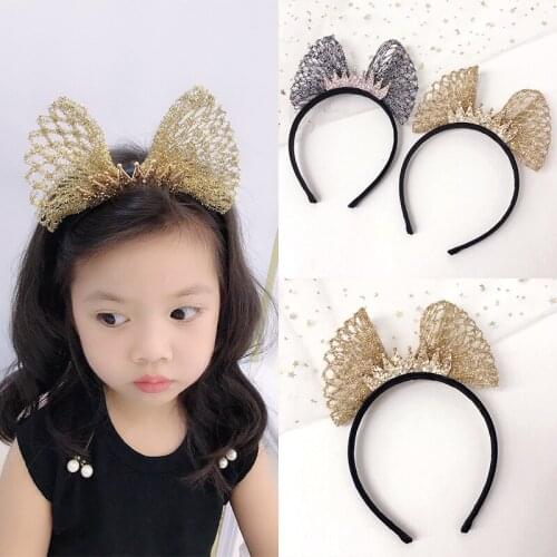 2021 Girls Gold Wire Bowknot With Crown Headband Princess Hair Band New Style Children Kids Fashion Hair Hoop Hair Accessories