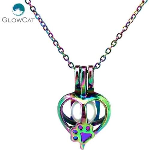 C696 COLORS lovely The Cat Footprint Heart Beads Cage Necklace Pendant Aroma Essential Oil Diffuser Locket Necklace