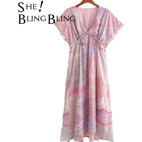 SheBlingBling Women Gold Line Shiny Lartern Sleeve V Neck Elastic Waist Loose Casual Summer Dress 2021Fashion Ladies Midi Dress