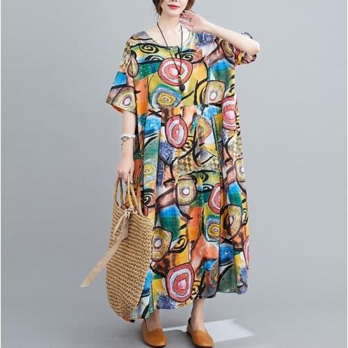Short Sleeve Summer Dresss Print Pattern Vintage Dress Soft Cotton Linen Loose Women Dress Plus Size 5XL 6XL Female Casual Dress