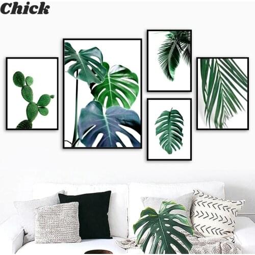 Modern Home Decoration Fresh Green Cactus Big Tropical Leaves Canvas Painting Plants Nordic Posters And Prints Wall Art Picture