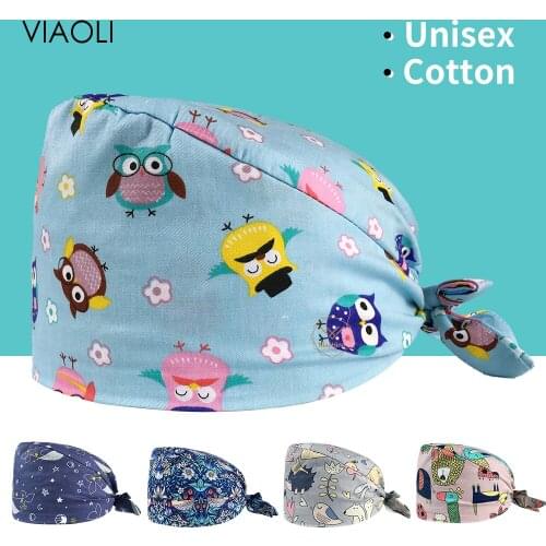 Viaoli Unisex cotton Owl cartoon print hats adjustable women scrubs hat beauty salon nursing cap lab coat pet shop Scrub Cap