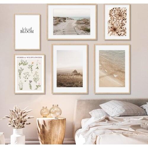 Boho Dried Flowers Plants Herbs Beach Waves Landscape Poster Canvas Paintings Wall Art Print Pictures for Living Room Home Decor