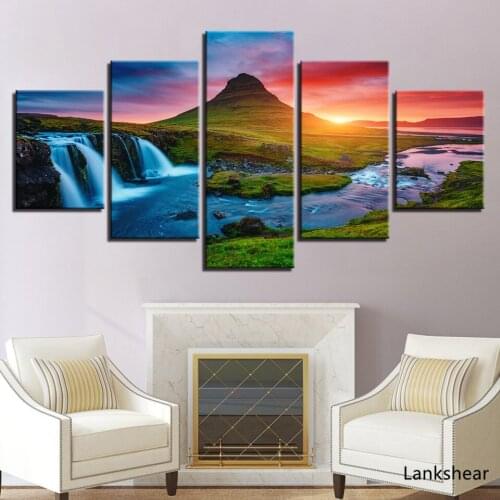 Wall Art Canvas Prints Pictures 5 Pieces Beautiful Iceland Waterfall Paintings Green Mountain River Landscape Posters Home Decor