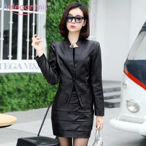 Aelegantmis Plus Size Slim Pu Leather Jacket Women Long Sleeve Casual Office Coat With Pu Leather Skirt Ladies Work Coat Black