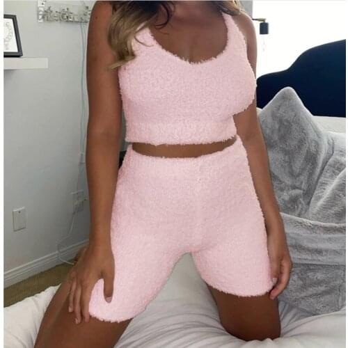 Women Pajamas Sexy Casual Suspenders Suit Solid Color Vest Shorts Plush Homewear Warm Pajamas Winter Sleepwear Women Set