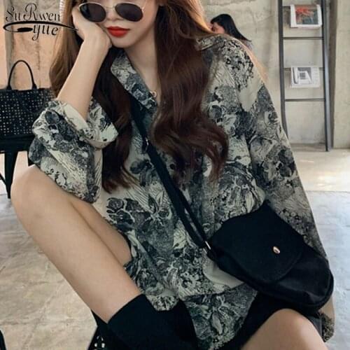 Plus Size Printed Womens Shirt Autumn Loose Long Sleeve Chiffon Blouse Western Style Fashion Abstract Cardigan Blusas 11709