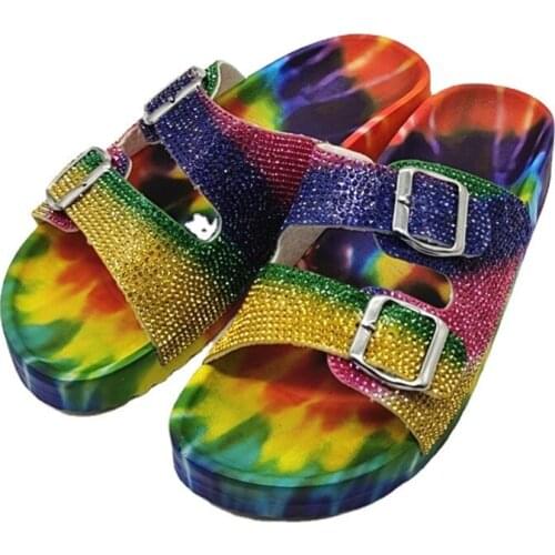 2021 New Fashion Colorful Buckle Bling Rhinestone Womens Shoes Outer Casual Slippers Women Flat Sandals Summer Ladies Slippers