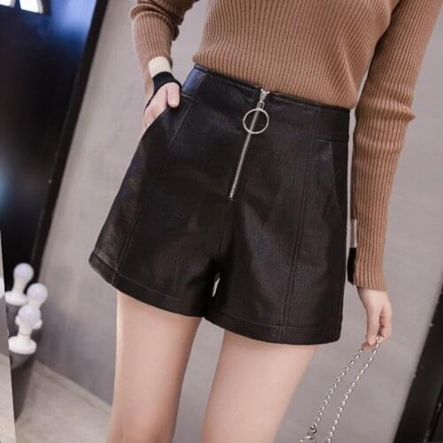 Hiawatha Autumn Winter Korean High Waist A-Line PU Leather Shorts Women Fashion Zipper Wide Leg Shorts D3956