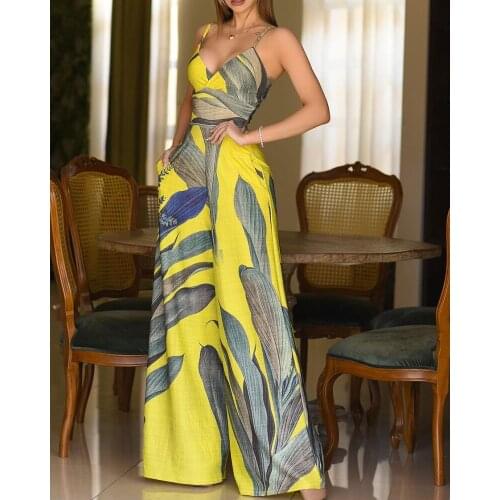 Holiday Wear Jumpsuit Women Summer Beach Casual Loose Tropical Print V Neck Sexy Sling Sleeveless Wide Leg Pant Jumpsuit