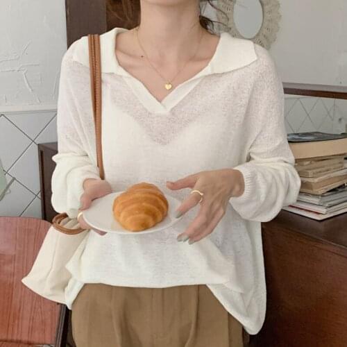 Korean Chic Early Autumn French Gentle Style Temperament V-Neck Loose Lazy Style Long-Sleeved Polo Knit Sweater Women
