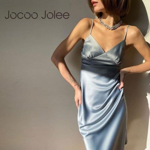 Jocoo Jolee Women Elegant Strap Satin Long Dress Sexy Deep V Neck Solid Straight Pajamas Party Dress Casual Summer Sundress