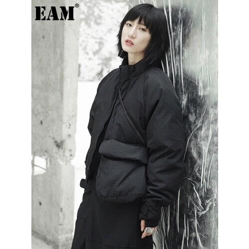 [EAM]2021 New Spring Stand Collar Black Single Pocket Stitch Large Size Warm Cotton-padded Coat Women Jacket Fashion JI51