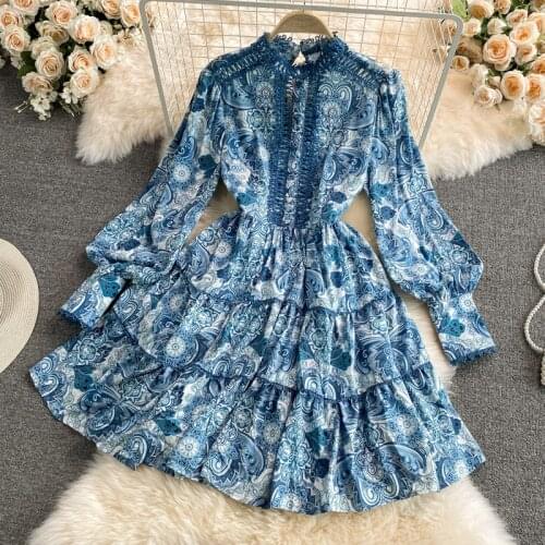 Womens Spring Autumn Runway Fashion Long Sleeve Ruffles Print Dress Female Travel Chic Hollow Out Vintage Dress TB485