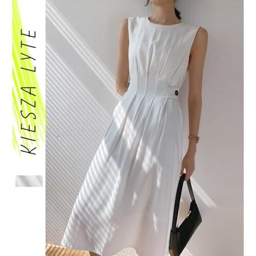 50' 60' Vintage Women White dress for summer 2020 French Satin Sleeveless Slim A-line Pleated Dresses