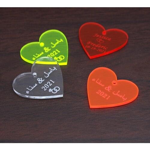100x Personalized Engraved Acrylic Orange/Rose/Red/Green/Yellow/Clear Love Heart Gift Tags Wedding Party Table Decoration Favors