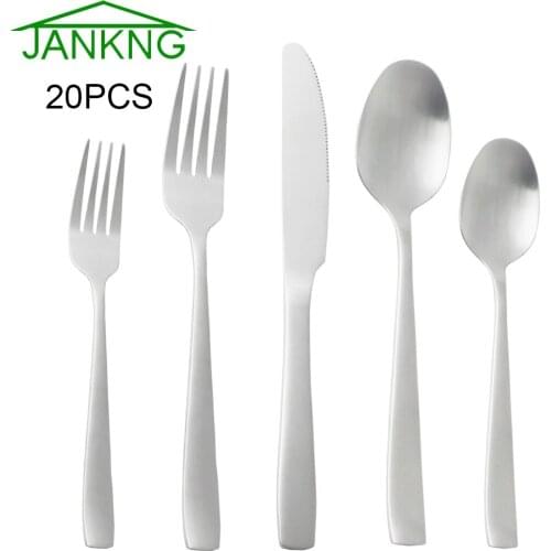 20pcs Matte Silver Tableware Set Knife Spoon Fork Dinnerware Set Kitchen Stainless Steel Flatware Set Cutlery Dishwasher safe