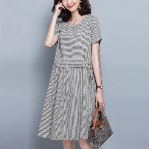 2021 New Summer Women Casual Striped Short Sleeve Vintage Cotton Loose Party Sundress Dress Femme Plus Size 4xl Vestidos B221
