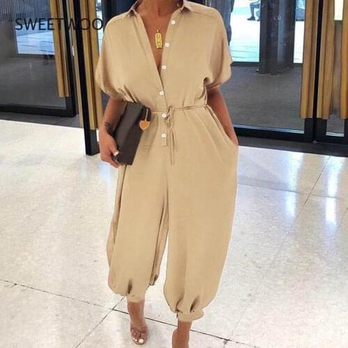 2021 Sexy V-Neck Button Lace-Up Jumpsuit Summer Short Sleeve Loose Playsuit Overalls Women Elegant Leopard Print Pocket Rompers