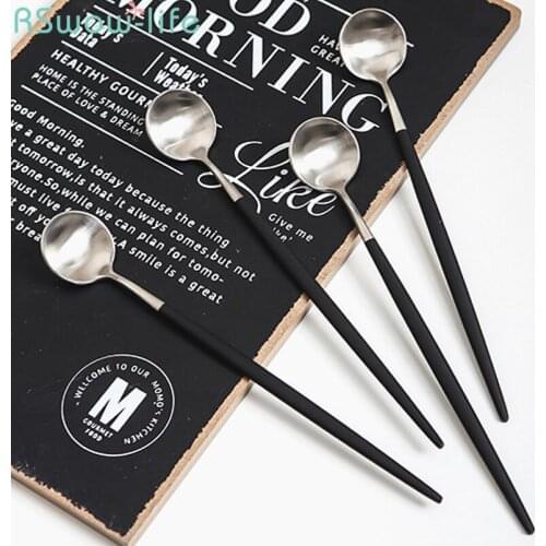 304 Stainless Steel Western Style Tableware Creative Drawing Long Coffee Spoon Tea Spoons Long-Handled Kitchen Supplies Black